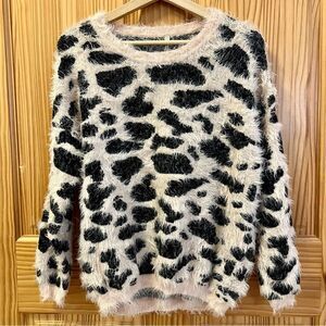 Anthropologie Raga cream black eyelash animal print soft loose crewneck sweater